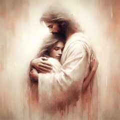 Watercolor painting of Jesus embracing a woman in a warm and comforting hug