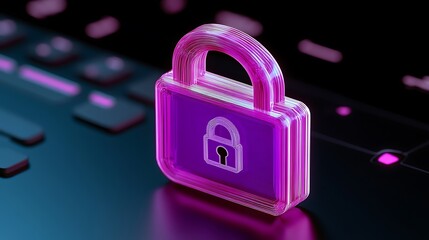 Futuristic 3D digital lock icon on a dark keyboard background symbolizing data security and privacy protection