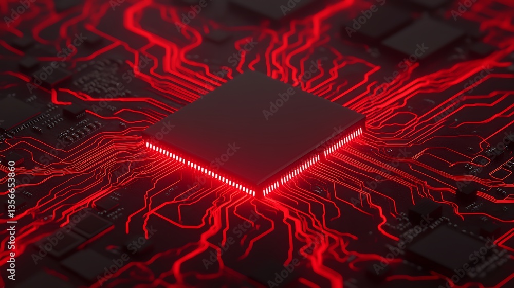 Poster futuristic close-up of a circuit board with glowing red pathways and a microchip in the center