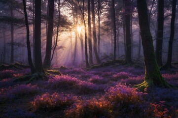 Fototapeta premium Magical forest landscape at sunrise with purple flowers and sunlight rays