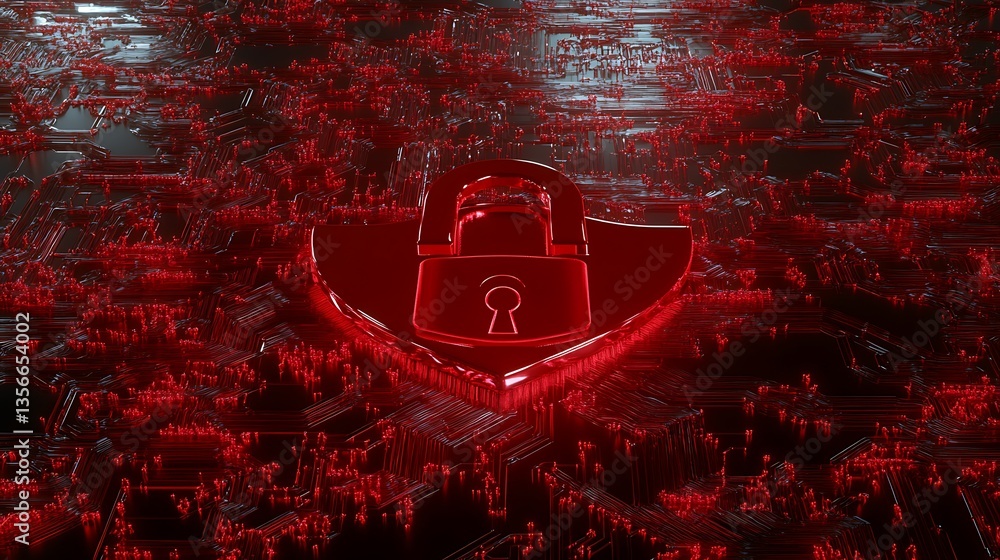 Poster futuristic cybersecurity concept with red lock icon on digital circuit background