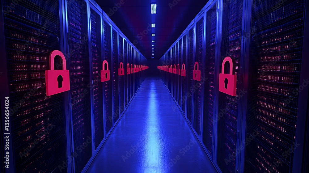 Poster futuristic data center corridor with digital locks symbolizing cybersecurity and modern technology