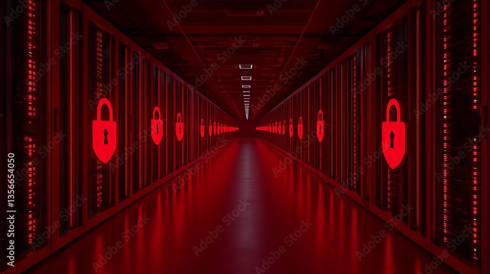 Poster futuristic data center corridor with red lighting and security locks symbolizing cybersecurity measu
