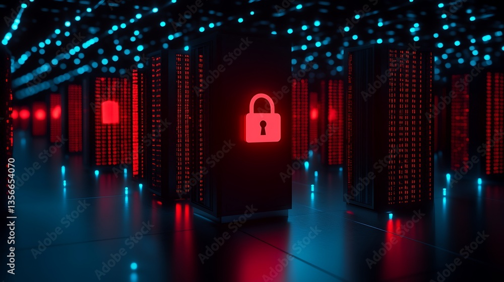 Poster futuristic data center with cybersecurity features and red lock symbols in a high-tech environment