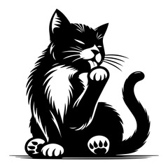 Black and white silhouette of a washing cat. Vector graphics. EPS
