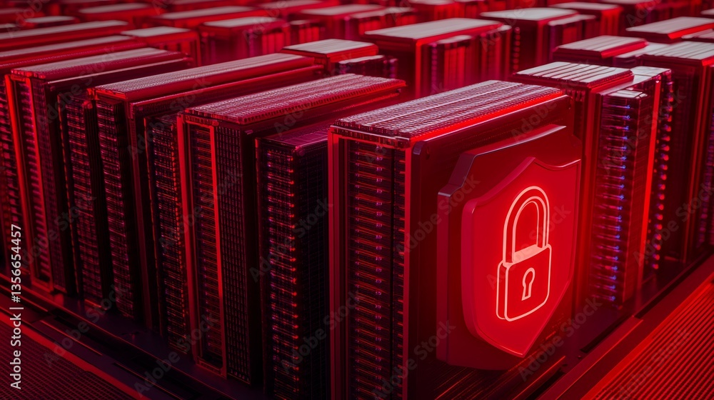 Poster futuristic data center with red lighting and security lock symbol representing cybersecurity and dat