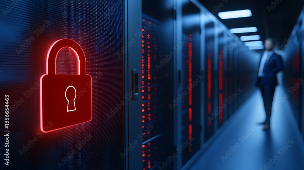Poster futuristic data center with security lock symbol and professional businessman standing in background