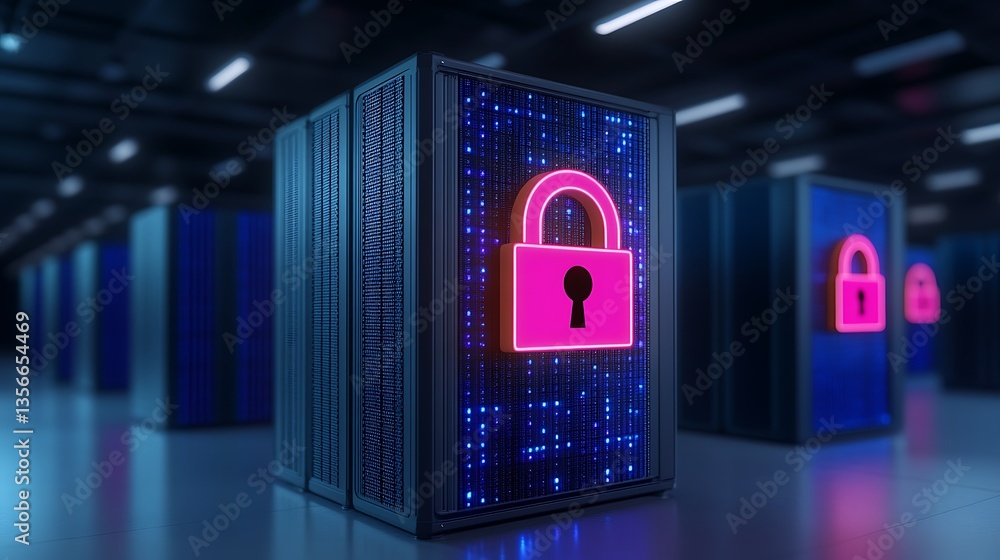 Poster futuristic data center with security lock icon illuminating brightly on server racks in digital envi