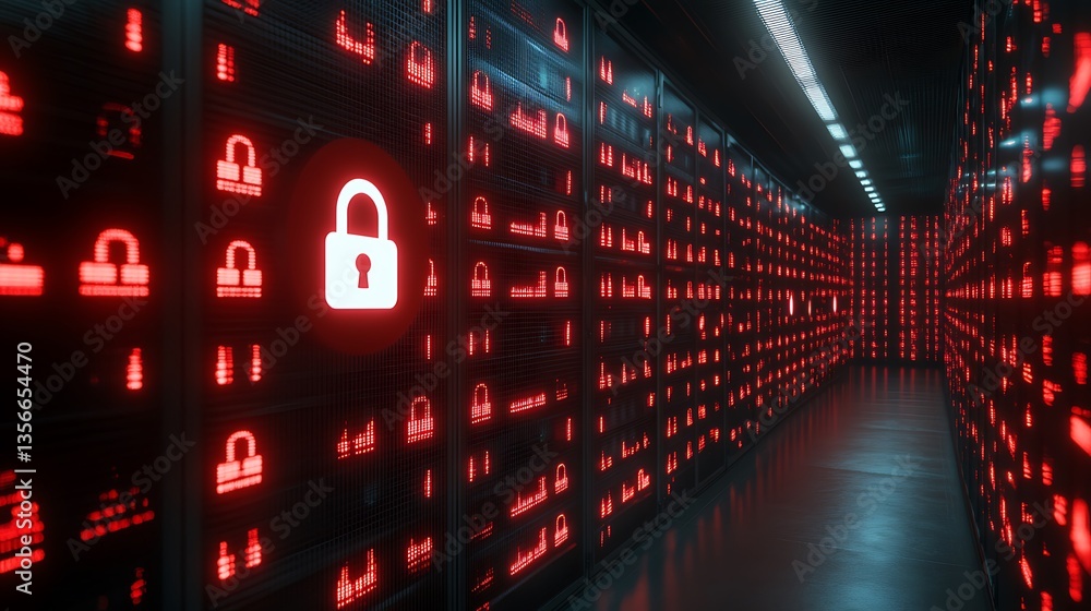 Poster futuristic data center with security symbols illuminated in red colors for cybersecurity concepts