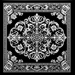 black rug or carpet with an ornate white design pattern