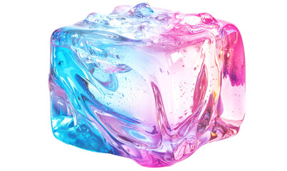 Fototapeta premium Iridescent Glossy Ice Cube Melting with Magical Colors and Reflections Isolate on Transparent Background, cutout, png