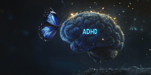 Blue glowing brain and circular scan patterns representing diagnostic process of ADHD.