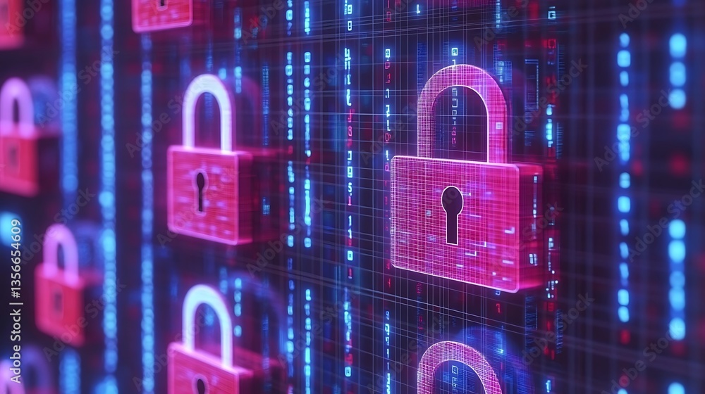 Poster futuristic digital background with neon lock symbols representing cybersecurity and data protection 