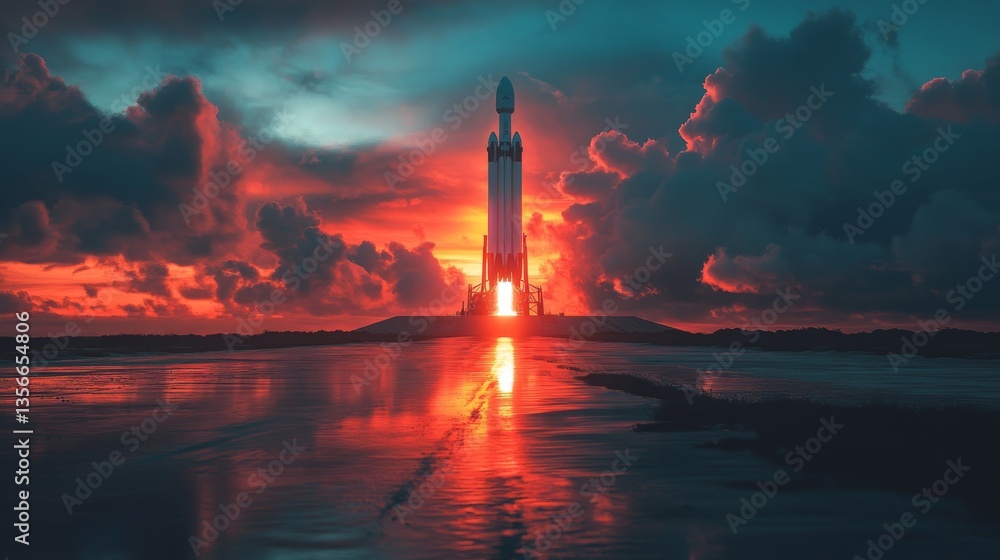 Poster a rocket stands ready for launch against a stunning sunset sky, showcasing advanced propulsion syste