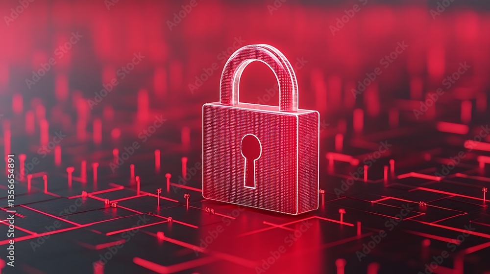 Poster futuristic digital lock in red glowing environment representing cybersecurity and data protection co