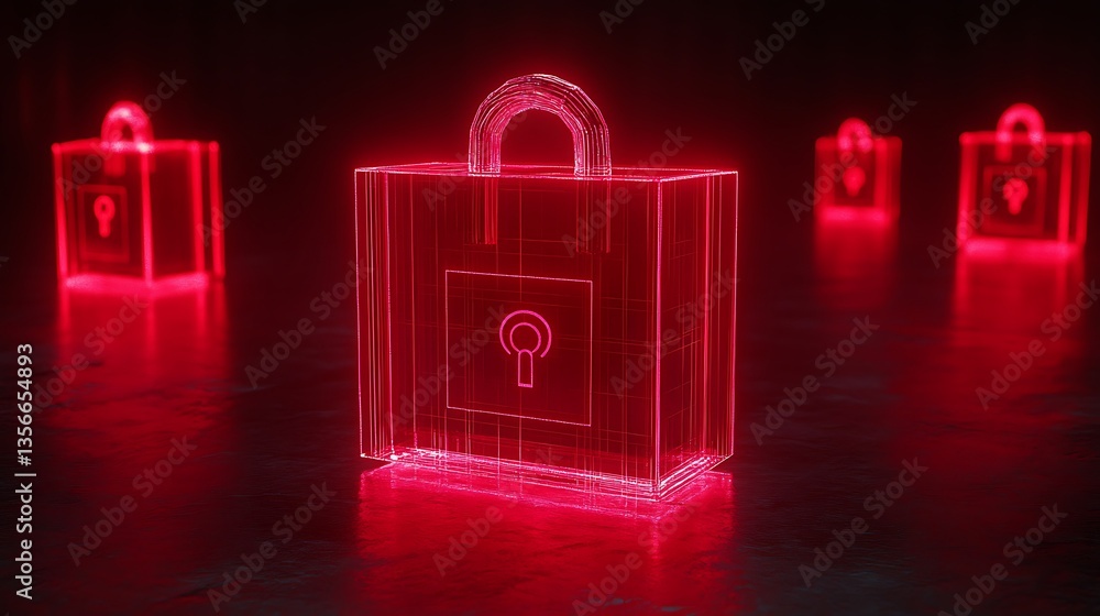 Poster futuristic digital lock icon with neon red light on dark background representing cybersecurity and d