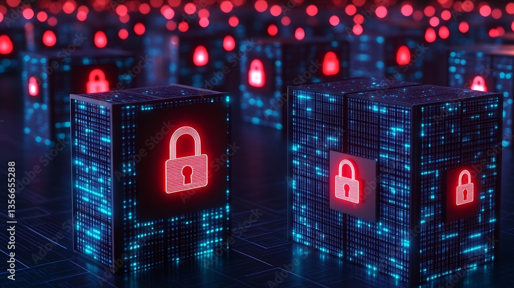 Poster futuristic digital security concepts with neon padlocks on data blocks in a cyber environment