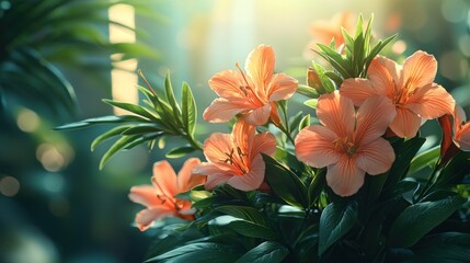 Fototapeta premium Sunlit Peach Lilies Bloom in Lush Garden