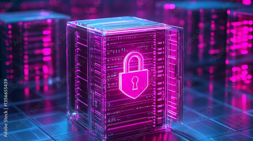 Poster futuristic locked data security concept on transparent server cube with neon glow in digital environ