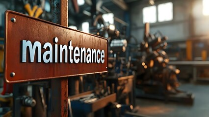 A metal sign labeled maintenance in a workshop setting with tools and machinery in the background. Concept Workshop Safety Sign, Metal Signage Design, Tools and Machinery Setup