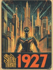 Fototapeta premium A robotic figure stands confidently in a neon-lit futuristic city, with towering skyscrapers and dynamic lines. The atmosphere is electric, showcasing a blend of technology and art from 1927.