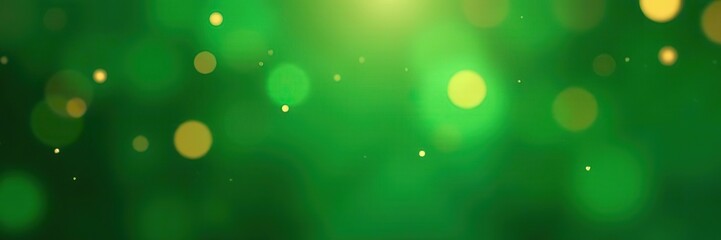 Abstract green background with soft golden bokeh lights and sparkling particles creating a festive and magical atmosphere,  glowing,  green