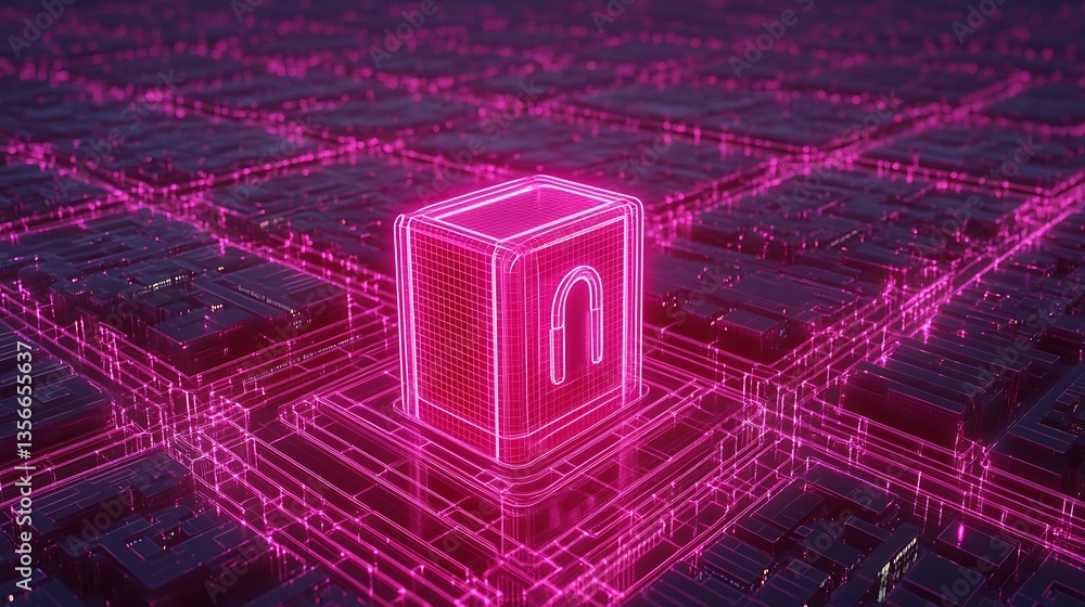 Poster futuristic neon cube with digital circuit design representing technology and innovation in modern co