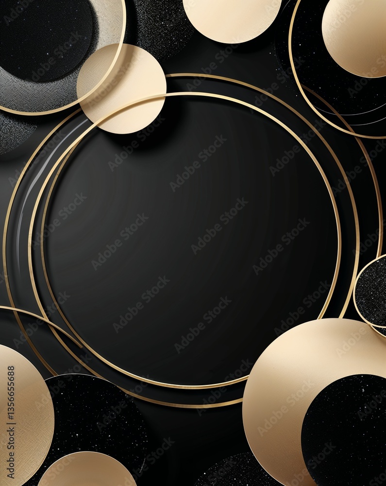 Poster black with gold transparent circular shapes layer abstract background for card or greeting template 