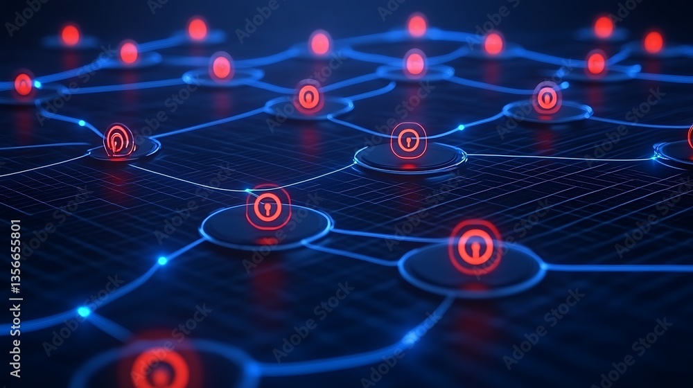 Poster futuristic network of connected nodes with lock symbols representing cybersecurity and data protecti