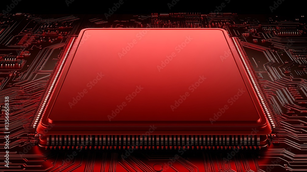 Poster futuristic red microchip on dark circuit board with electronics background for technology and innova