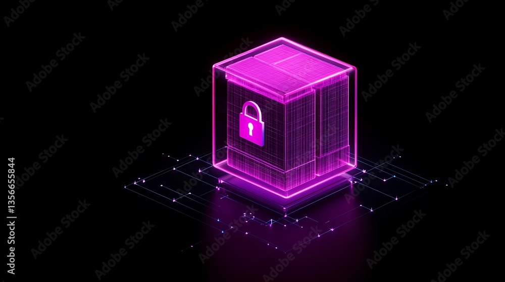 Poster futuristic secure data storage with lock icon in pink neon glow and digital grid background
