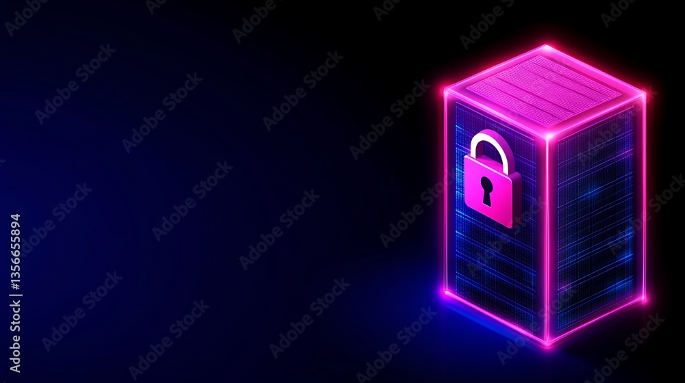 Poster futuristic secure box with lock icon in neon colors on dark background for technology and security c