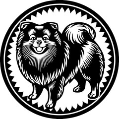 Obraz premium Playful Pomeranian: An intricately illustrated Pomeranian, portrayed in a classic monochrome style, exudes charm and vivacity, set within a decorative circular frame