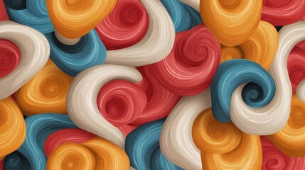 Abstract background with a repeating pattern of colorful swirls. the swirls are of different sizes and colors, including red, orange, blue, and white.