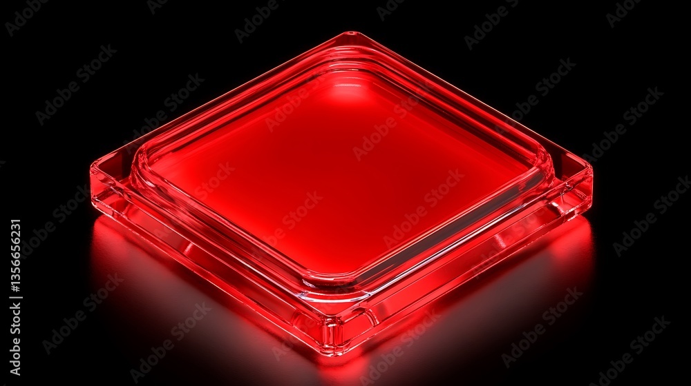 Poster Glossy red square button with reflective surface on dark background perfect for design and UI elements