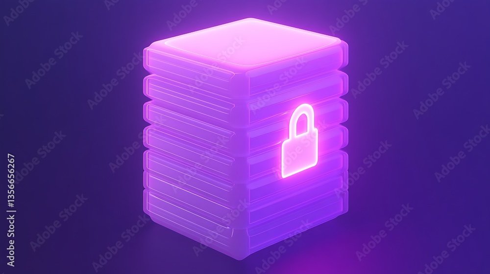 Poster glowing data stack with lock icon in purple background for cybersecurity and data protection concept