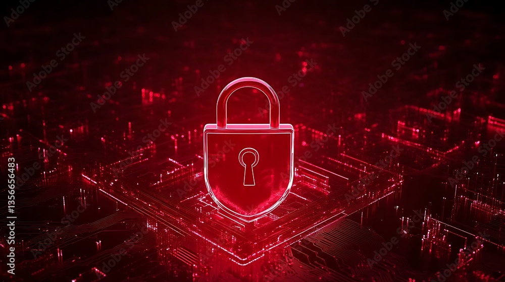 Poster glowing red digital lock icon on abstract circuit background representing data security and cyber pr
