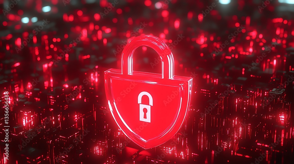 Poster glowing red cybersecurity lock on futuristic digital background representing data protection and sec