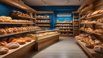 Shelves filled with an assortment of freshly baked loaves of bread.