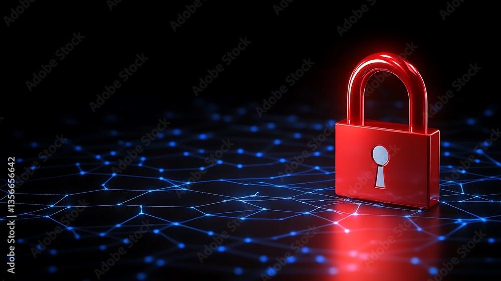 Poster glowing red padlock symbolizing digital security on a network background with glowing nodes
