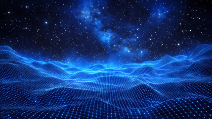 Futuristic Sci-Fi Landscape with Blue Grid and Waves