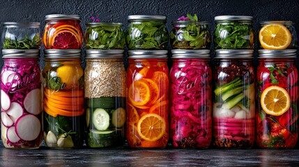 Vibrant assortment of glass jars filled with pickled canned and preserved vegetables fruits and other healthy natural ingredients showcasing a variety of colors