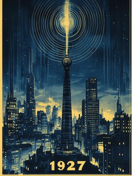 A towering structure stands illuminated against a bustling metropolis at night, radiating bright beams of light. The year 1927 is prominently displayed, capturing an era of innovation.