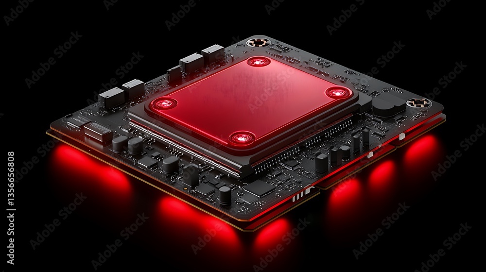 Aufkleber high-tech circuit board with vibrant red lighting and advanced microchip design for digital innovati