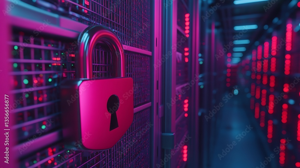 Poster high-tech data center security lock with neon lighting and digital environment concept