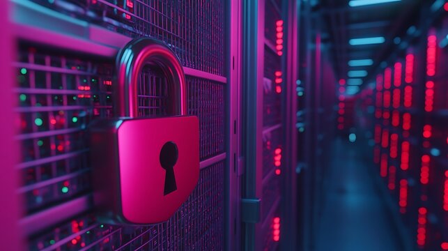 High-tech Data Center Security Lock with Neon Lighting and Digital Environment Concept