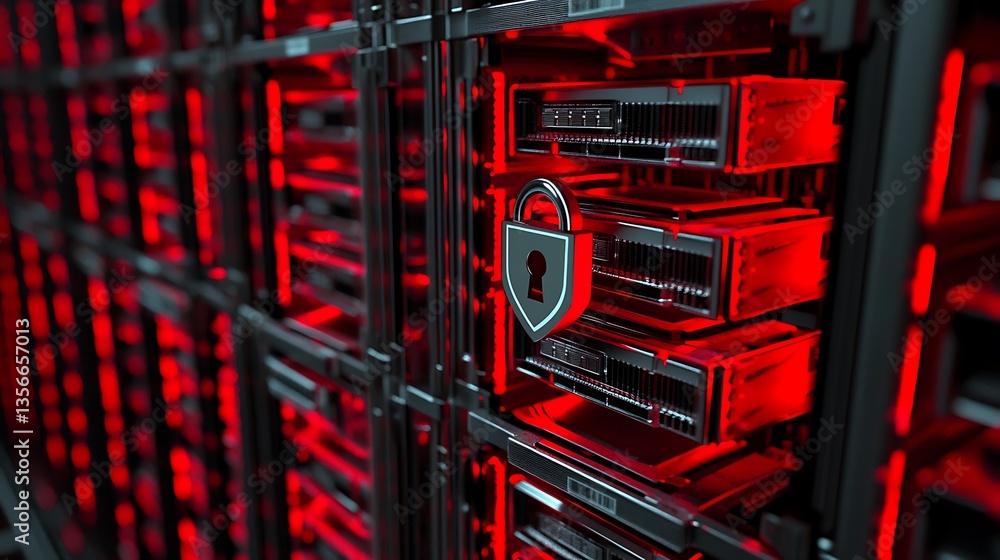 Poster high-tech data storage server with red lighting and security lock icon for cybersecurity concept