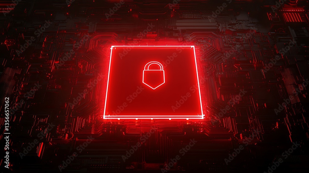 Poster high-tech digital illustration of a red lock symbol on a computer circuit board background