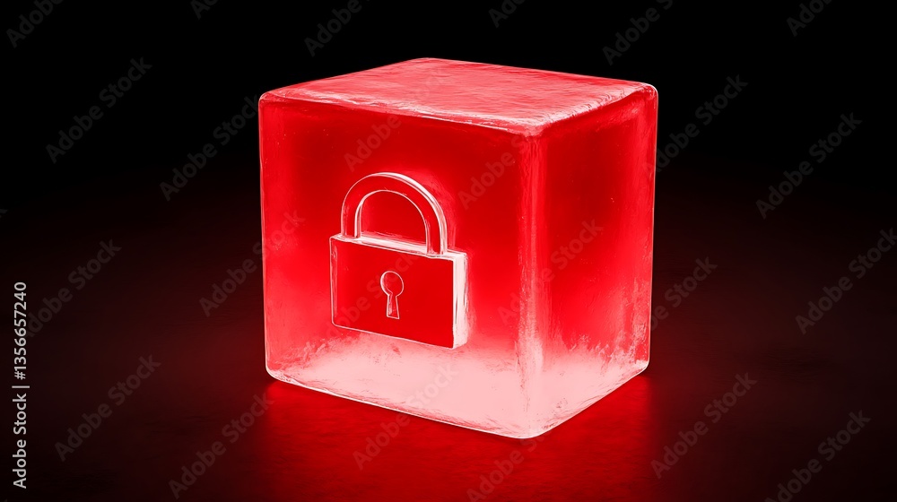 Poster illuminated red ice block with lock symbol representing security and privacy in digital era