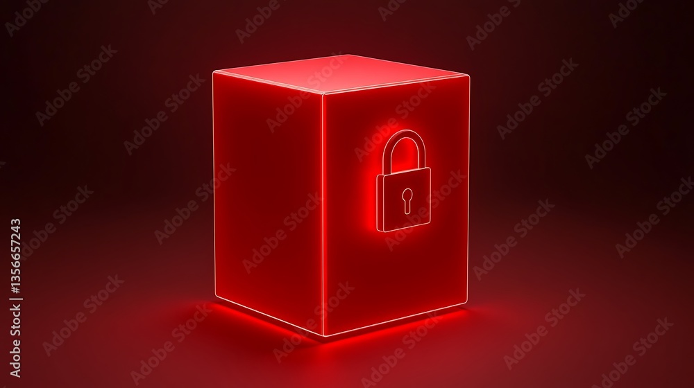 Poster illuminated red box with lock symbol representing security and protection in digital environment